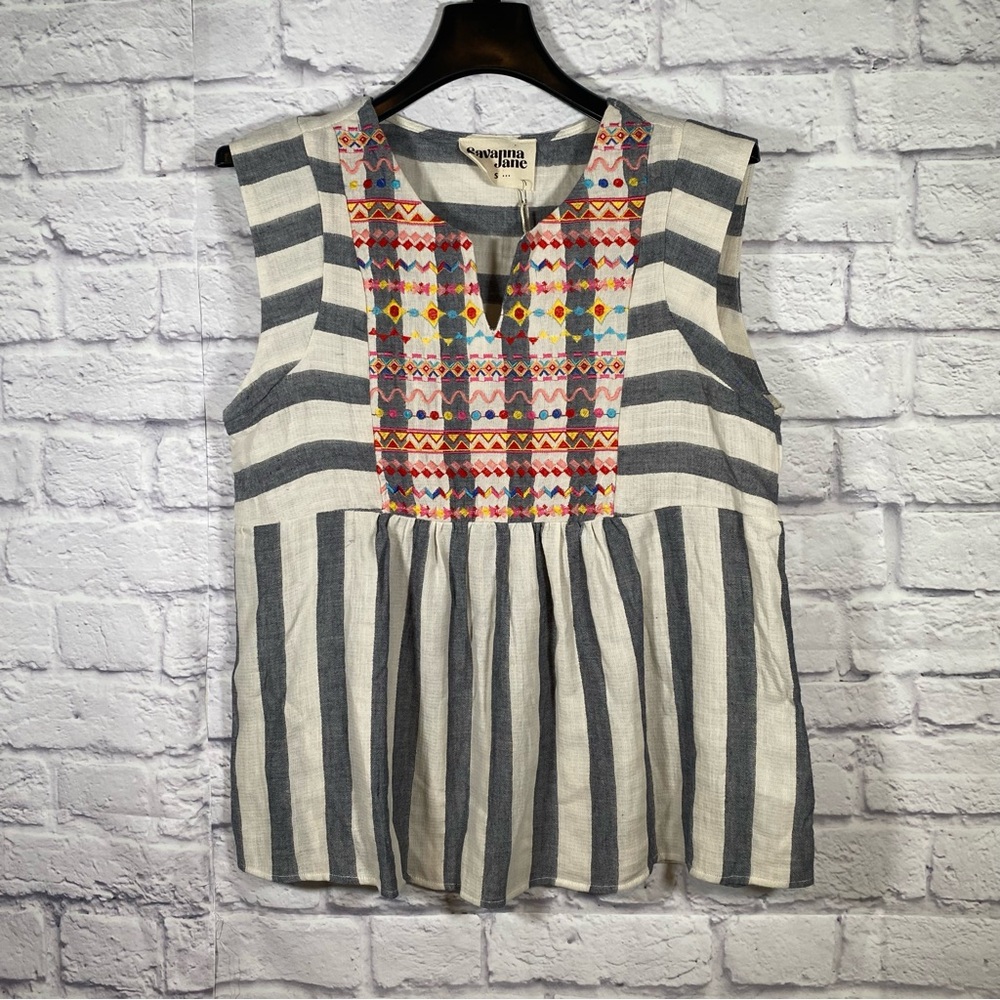 Savanna Jane Embroidered Striped Boho Top Size Small NWT